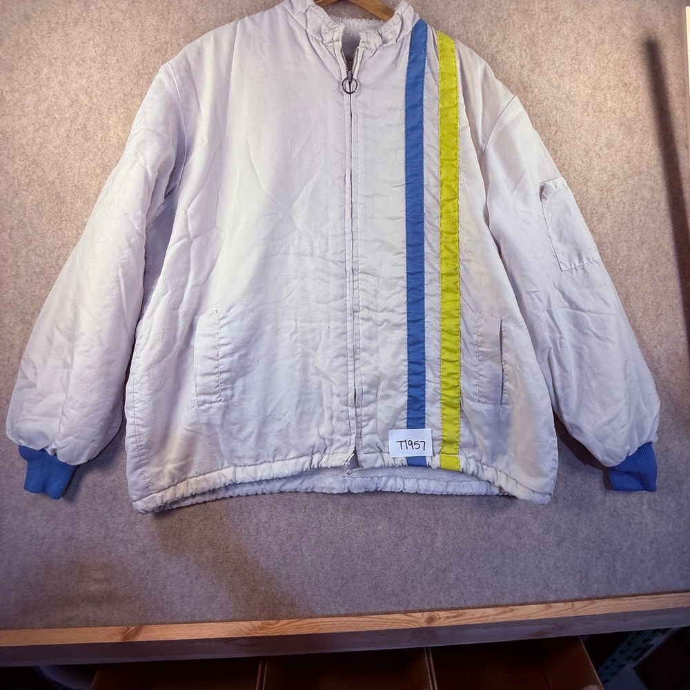 70's VTG White Bomber Jacket Racing Stripes USA Flag Sherpa Lined Full Zip T1957